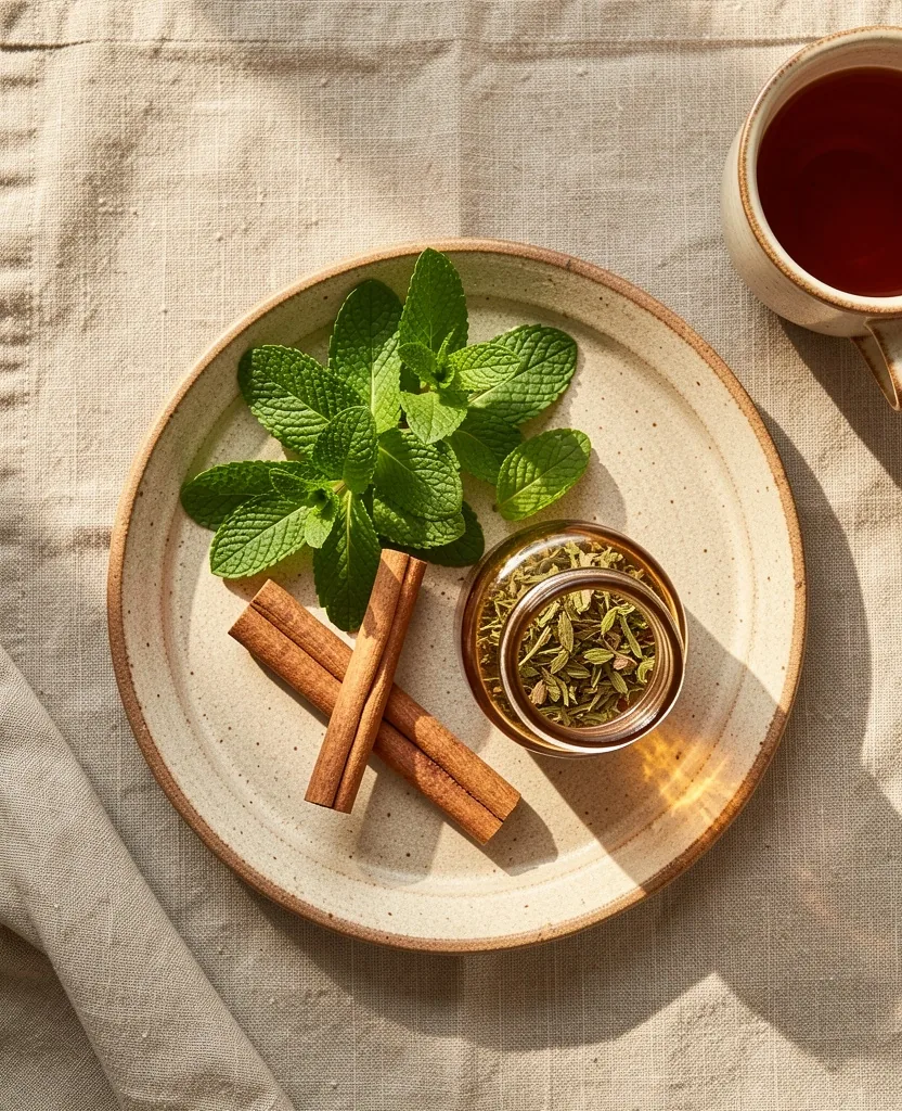 Erbe naturali aromatiche su ceramica rustica
