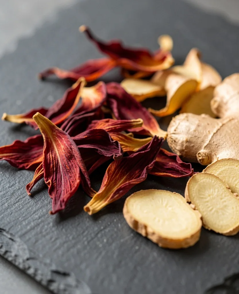 Fiori di ibisco essiccati e radice di zenzero su superficie in pietra