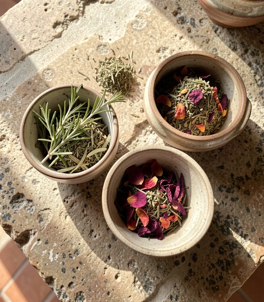 Foglie di tè sfuso e botanicali secchi su superficie ceramica