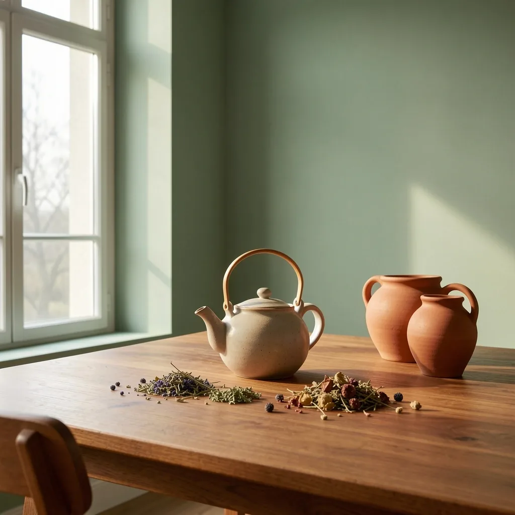 Interno minimalista italiano con teiera ceramica e foglie di tè