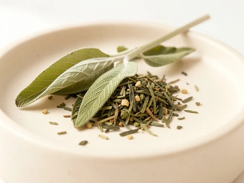 Foglie di tè e botanicali secchi su superficie ceramica