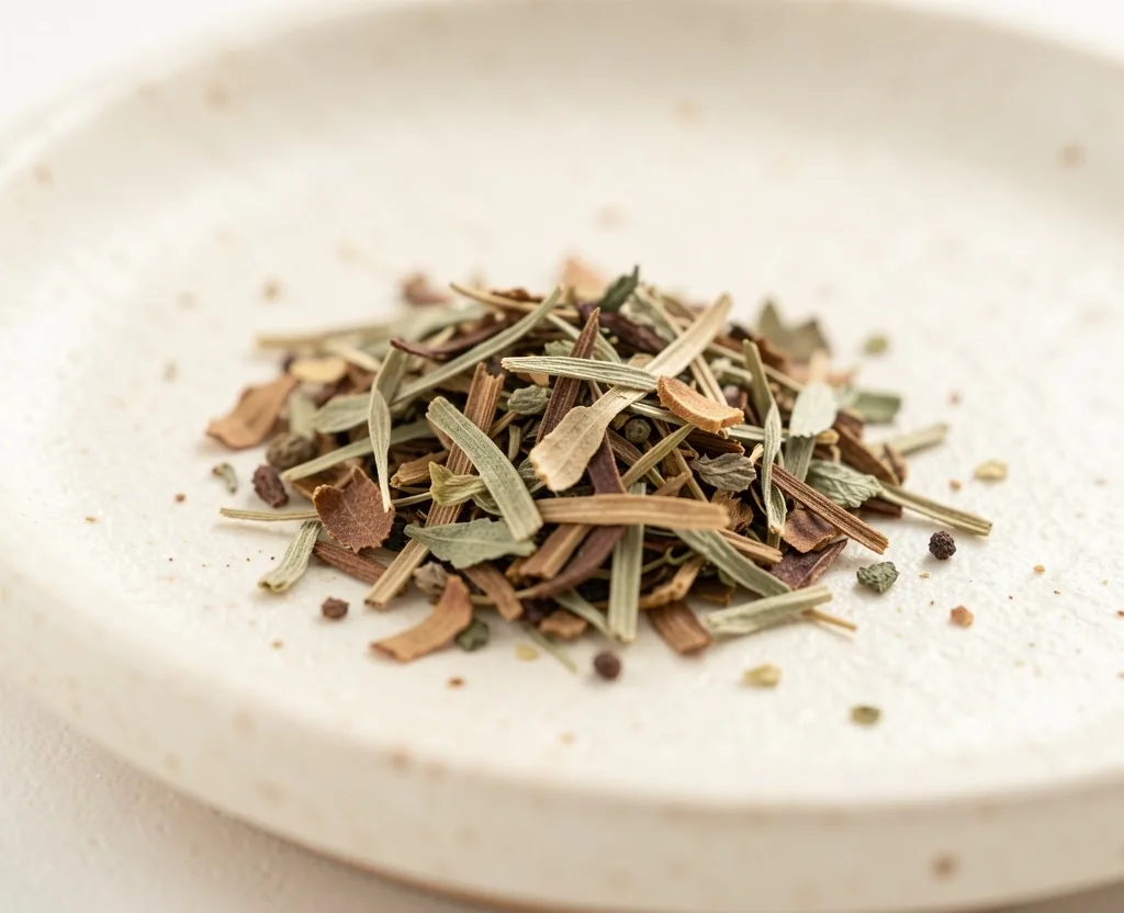 Foglie di tè essiccate su superficie ceramica