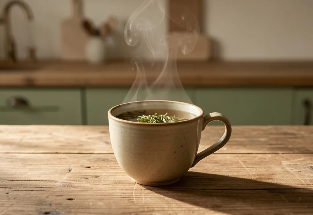 Tazza di tè fumante su tavolo in legno