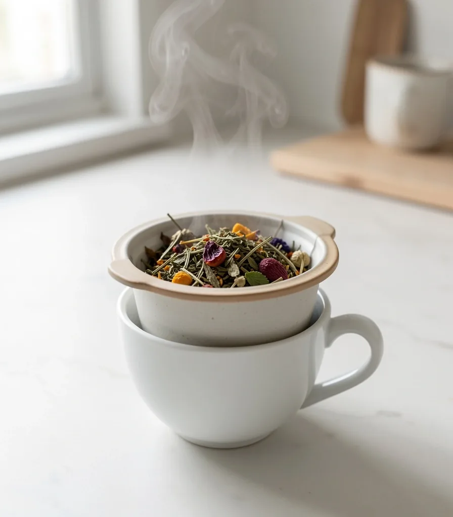 Foglie di tè essiccate su superficie ceramica