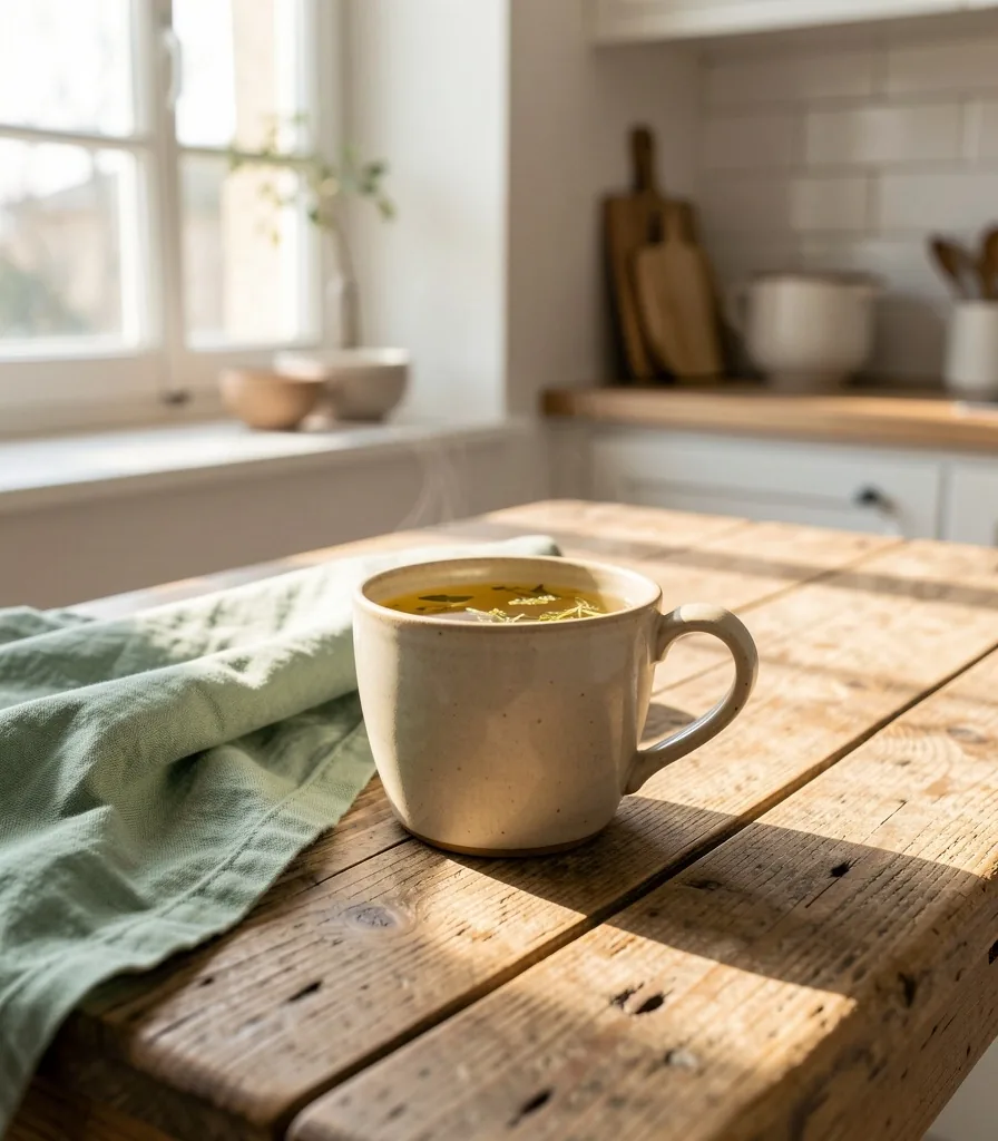 Tazza di tè su tavolo in legno alla luce del mattino