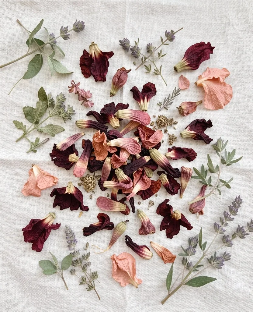 Fiori di ibisco ed erbe botaniche essiccati