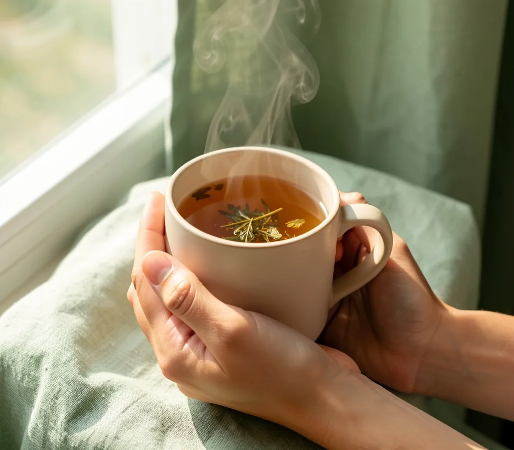Mani che reggono una tazza calda di infuso Good body vicino a una finestra