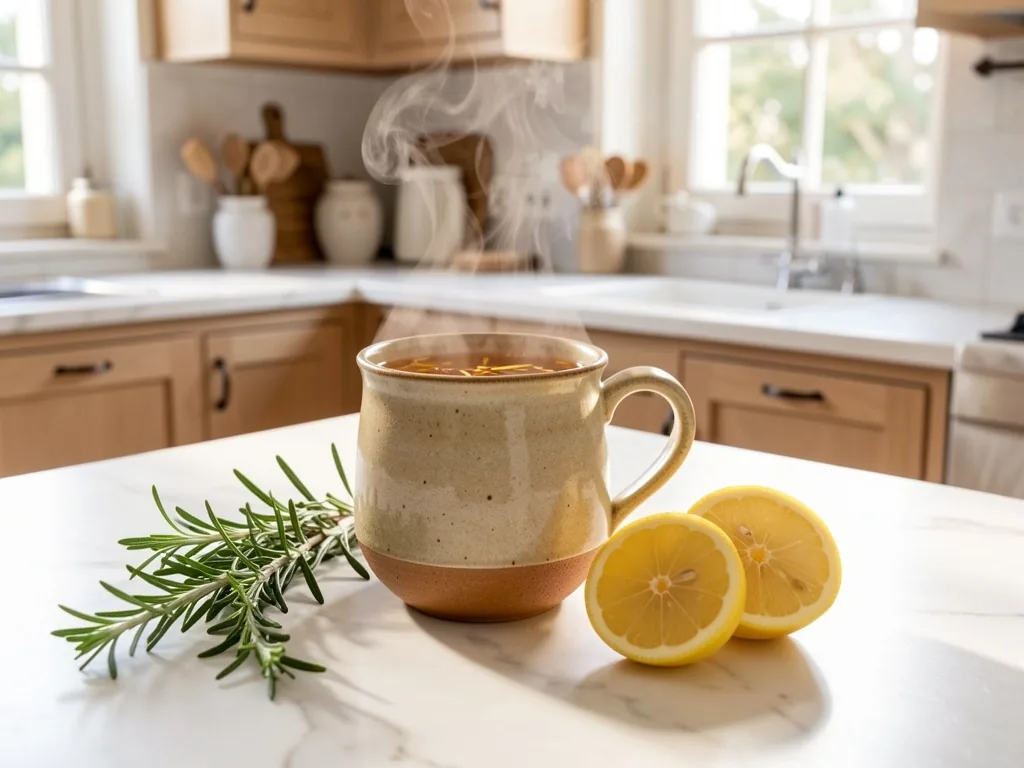 Tazza di infuso Good body su banco di cucina italiano