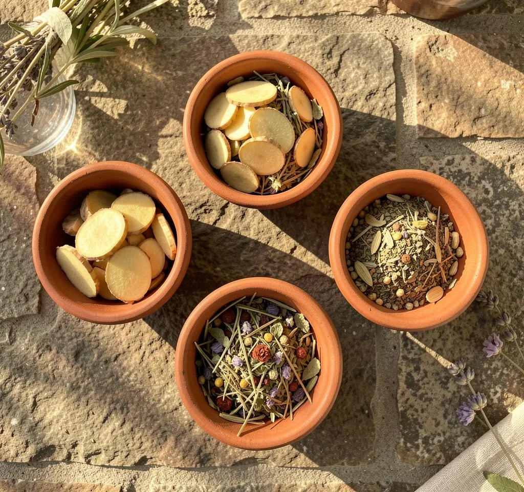 Erbe e radici botaniche essiccate su superficie in legno