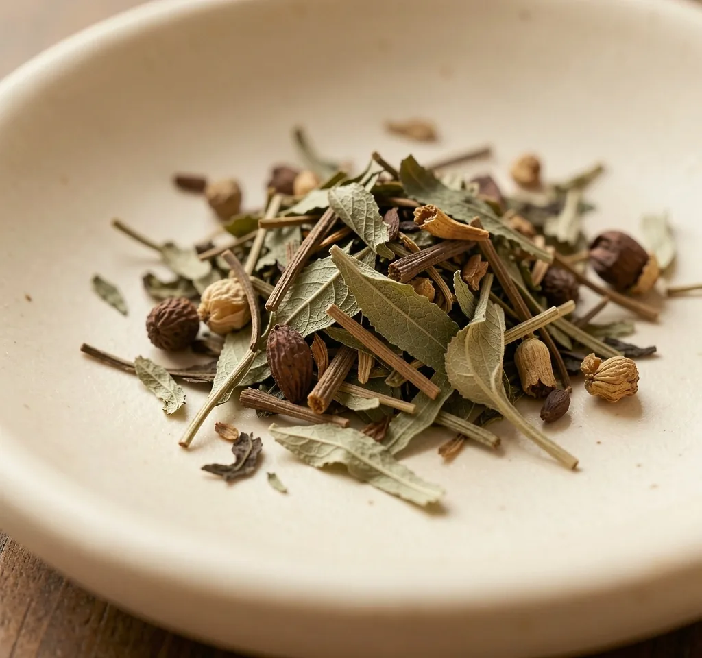 Foglie di tè essiccate e frammenti botanici su superficie ceramica