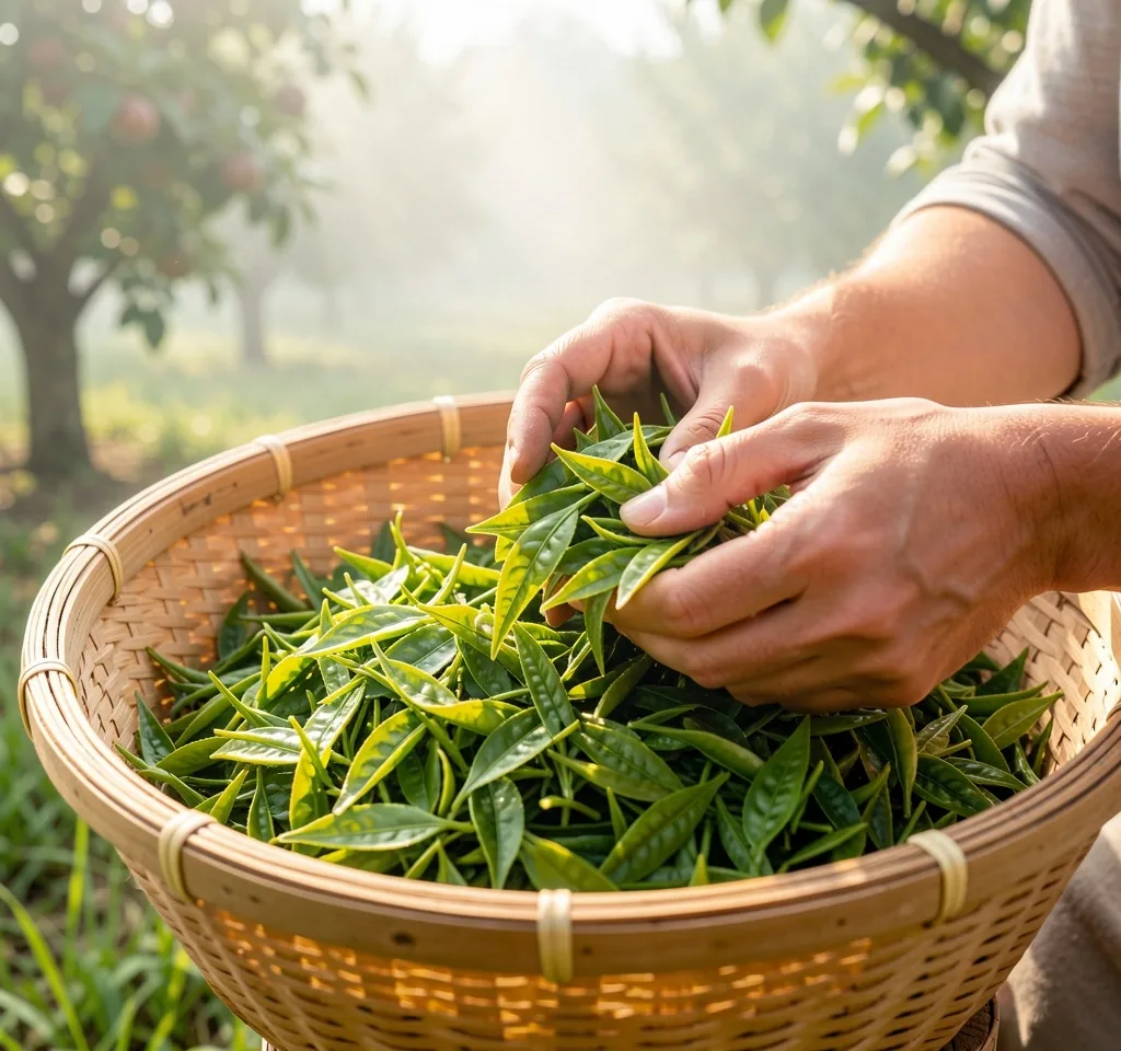 Raccolta di foglie di tè fresche in un cesto di bambù